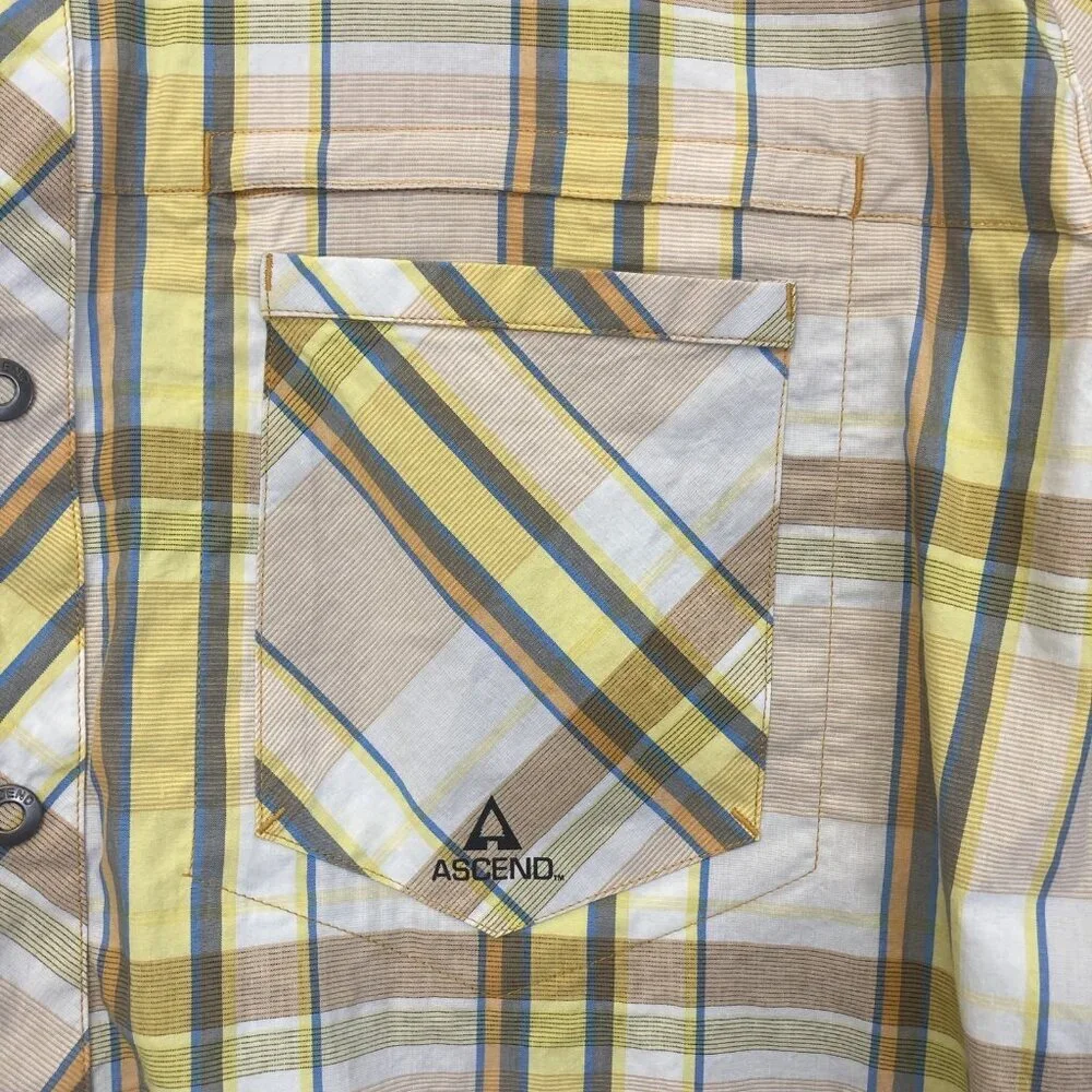 Ascend Snap Up Lightweight Shirt Mens 2XL Plaid Yellow Brown‎ Outdoor Pocket XXL